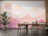 Watercolor mountain peaks mural creating ambiance in a meditation room