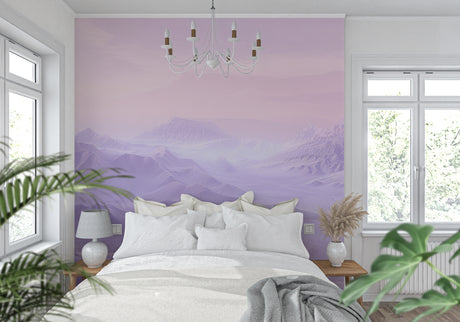 Purple Mountain Mural Wallpaper creating depth in modern living room with grey sofa and natural light