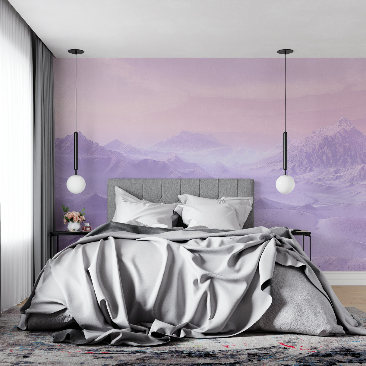 Mountain Range Wallpaper in master bedroom showing peaceful purple peaks through morning mist