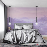 Mountain Range Wallpaper in master bedroom showing peaceful purple peaks through morning mist