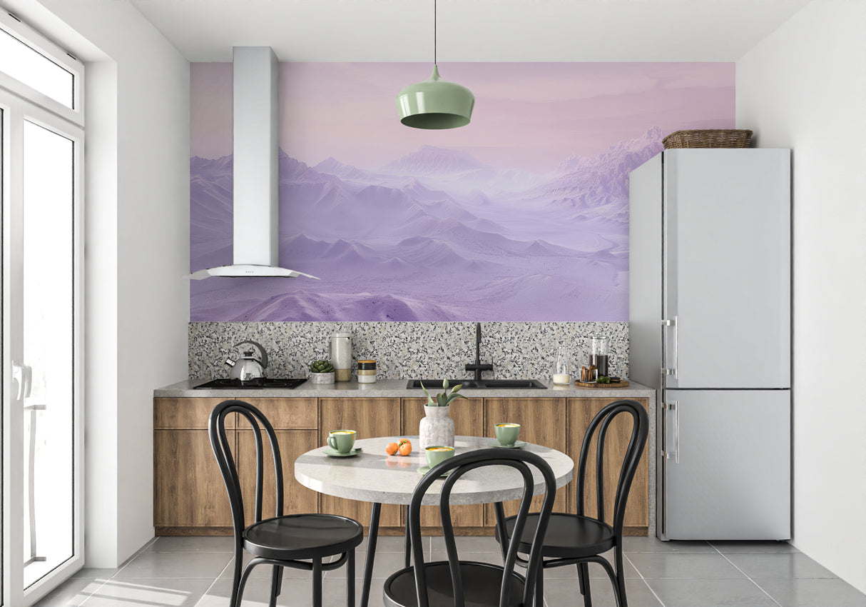 Purple Misty Mountains Mural in meditation room with minimal decor and soft lighting