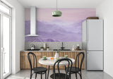 Purple Misty Mountains Mural in meditation room with minimal decor and soft lighting