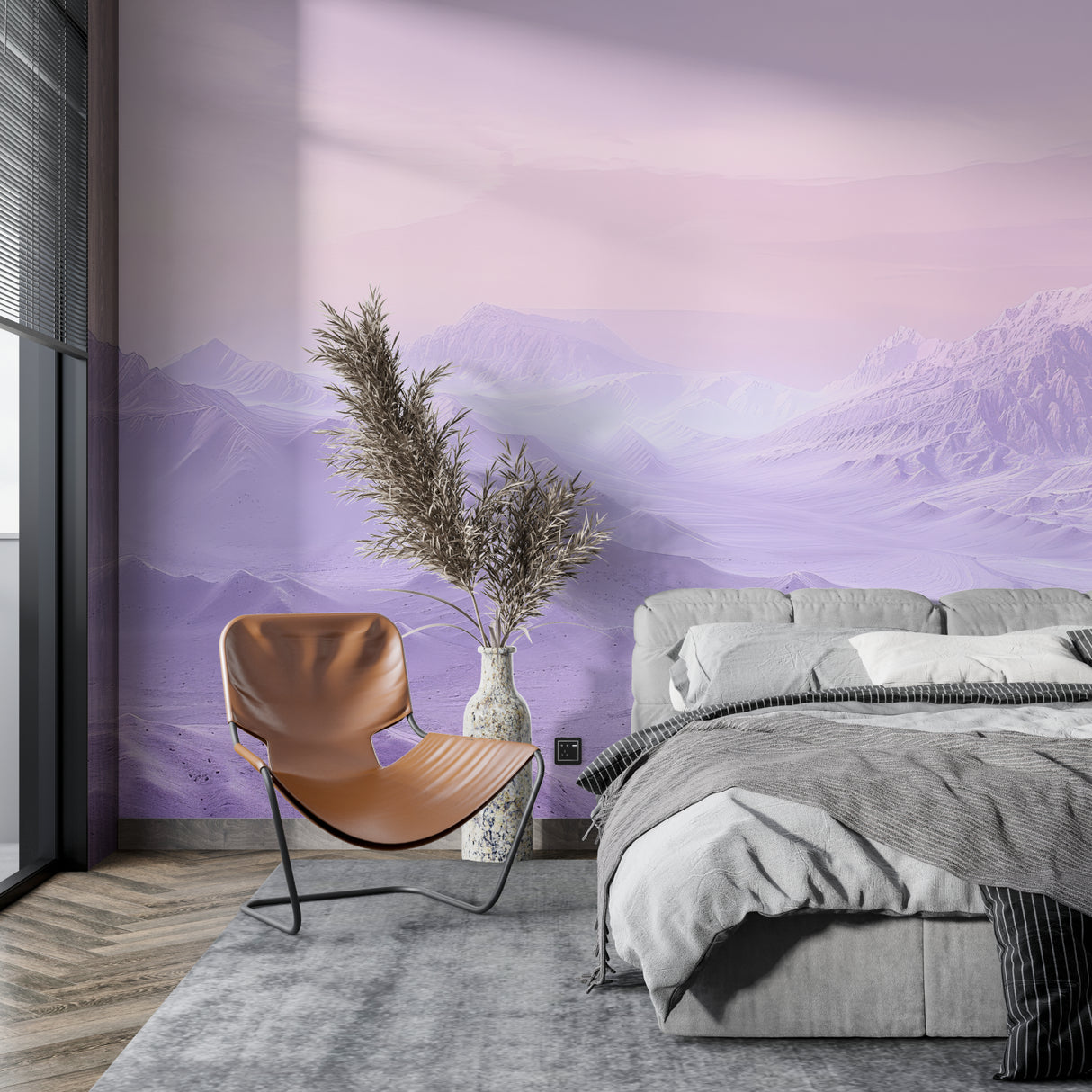 Mountain Landscape Wallpaper bringing serenity to home office with wooden desk setup
