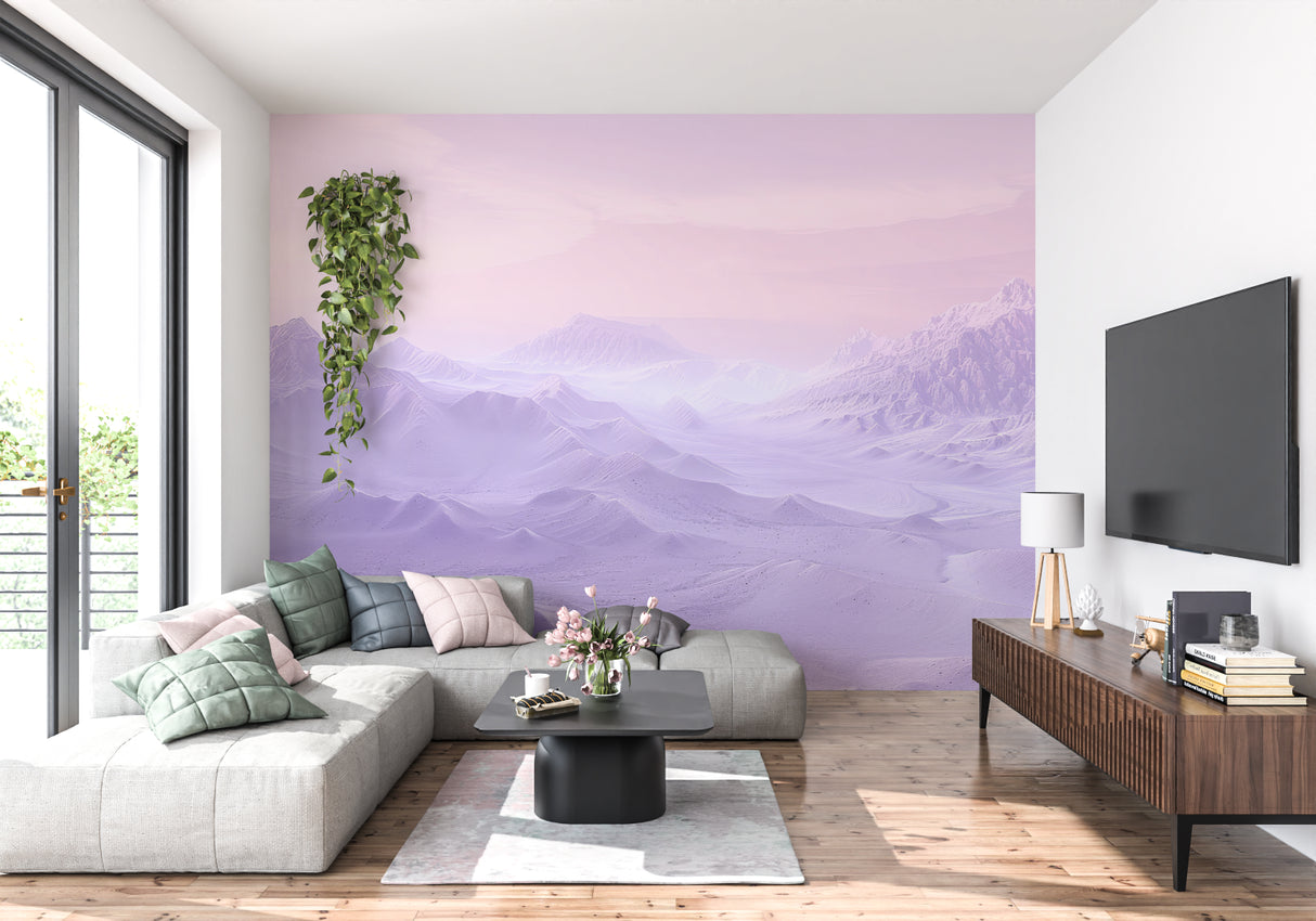 Purple Mountain Peaks Mural adding depth to dining room with contemporary furniture