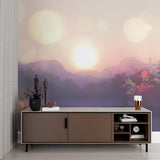 Mountain landscape wallpaper in modern living room, purple sunset tones creating peaceful atmosphere