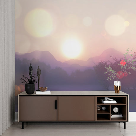 Mountain landscape wallpaper in modern living room, purple sunset tones creating peaceful atmosphere