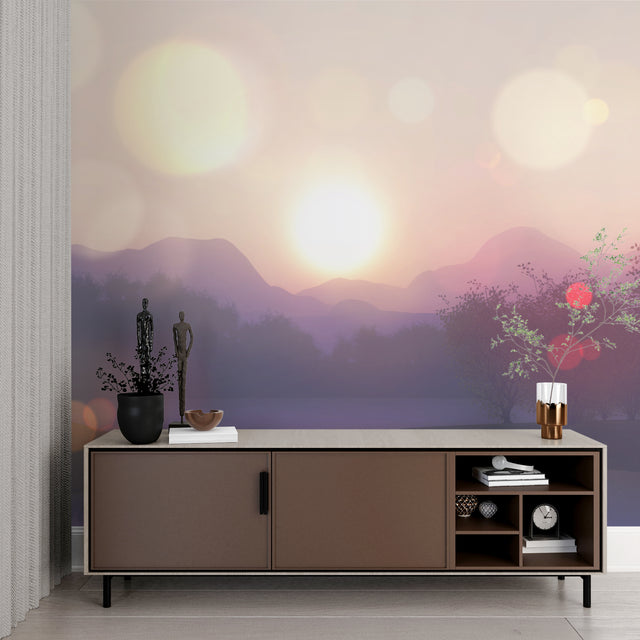Mountain landscape wallpaper in modern living room, purple sunset tones creating peaceful atmosphere
