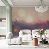 Purple mountain mural in master bedroom, watercolor sunset design adding depth