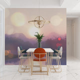 Watercolor mountain wallpaper in home office, purple peaks creating focus wall