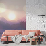Mountain sunset mural in dining room, purple landscape adding natural beauty