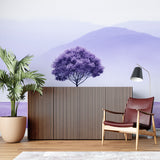 Purple mountain wallpaper in modern living room creating serene atmosphere