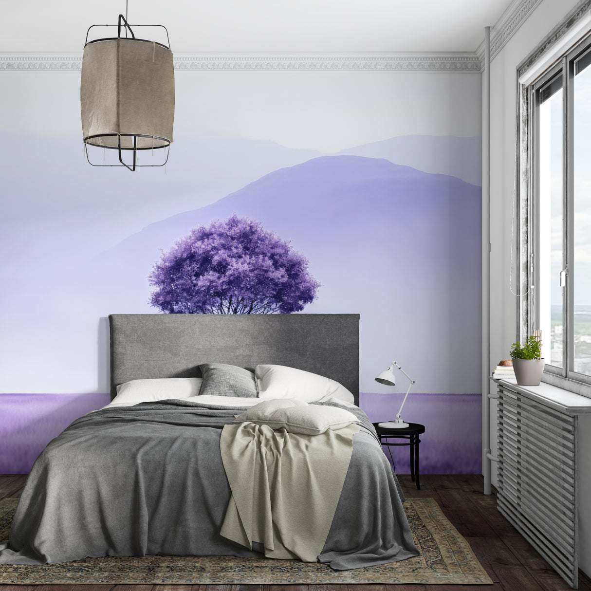 Purple tree wallpaper in home office showing depth effect