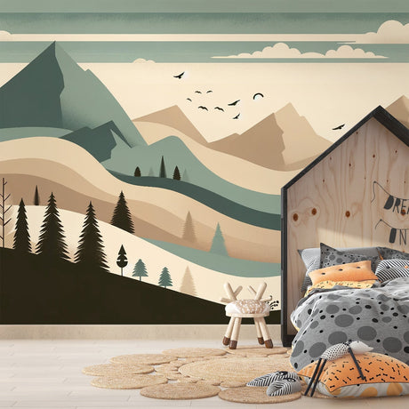 Mountain landscape wallpaper creating a cozy atmosphere in a modern Scandinavian living room with natural light