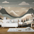 Mountain landscape wallpaper creating a calm Nordic atmosphere in a modern living room with minimal furniture