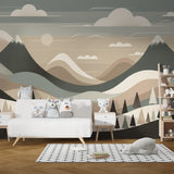 Mountain landscape wallpaper creating a calm Nordic atmosphere in a modern living room with minimal furniture
