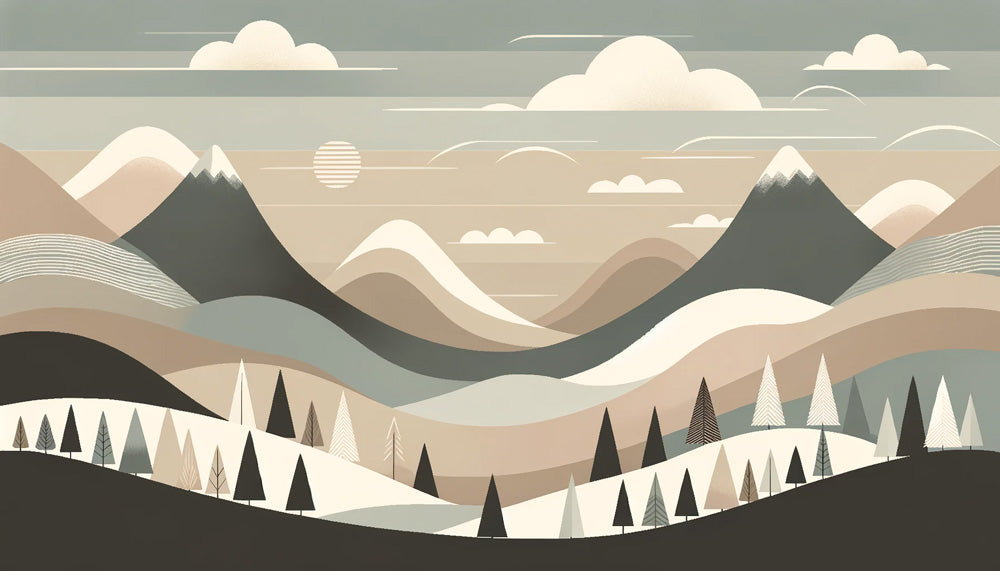 Scandinavian mountain wallpaper design file showing gentle beige and sage-green tones with geometric elements