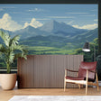 Mountain landscape wallpaper creating depth in modern living room with grey sofa and natural light