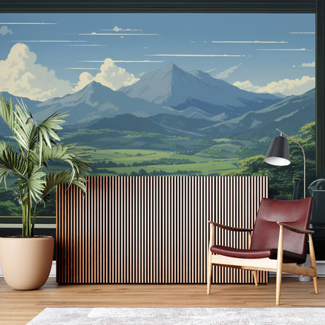 Mountain landscape wallpaper creating depth in modern living room with grey sofa and natural light