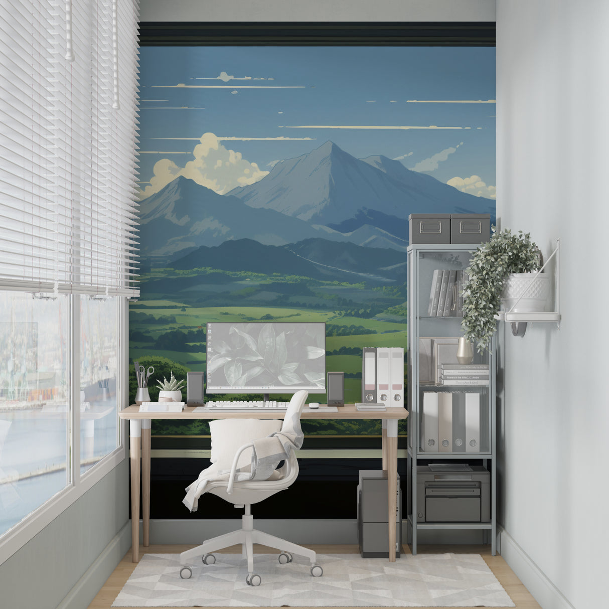 Scenic mountain mural in minimal home office with wooden desk and white walls