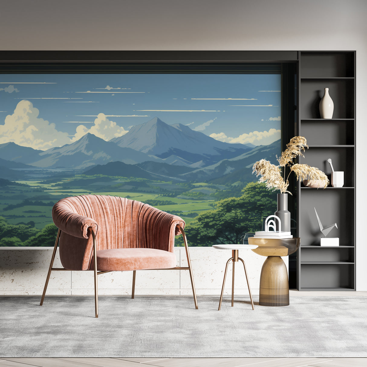 Mountain view wallpaper creating calm atmosphere in bedroom with natural decor