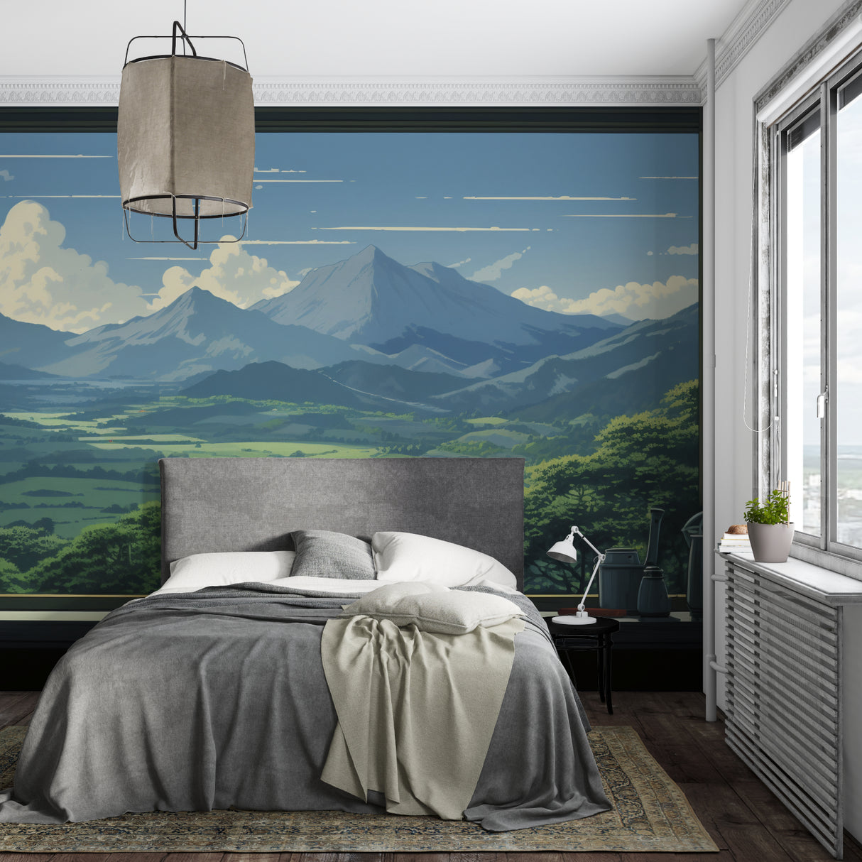 Panoramic mountain mural adding depth to meditation room with floor cushions