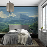 Panoramic mountain mural adding depth to meditation room with floor cushions
