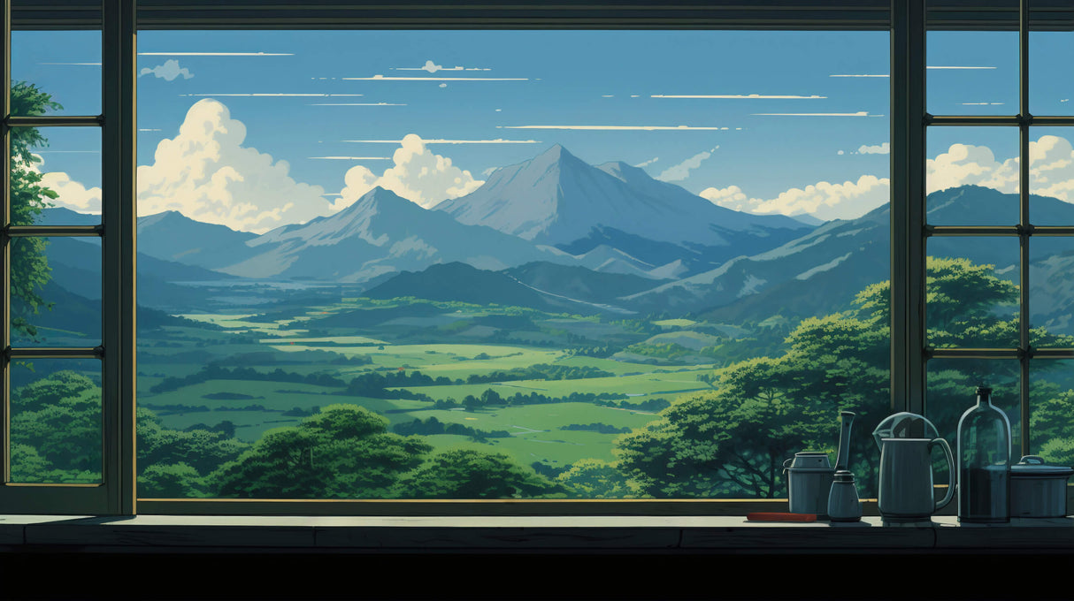 Mountain landscape wallpaper design file showing full scenic nature pattern with snow peaks and meadows