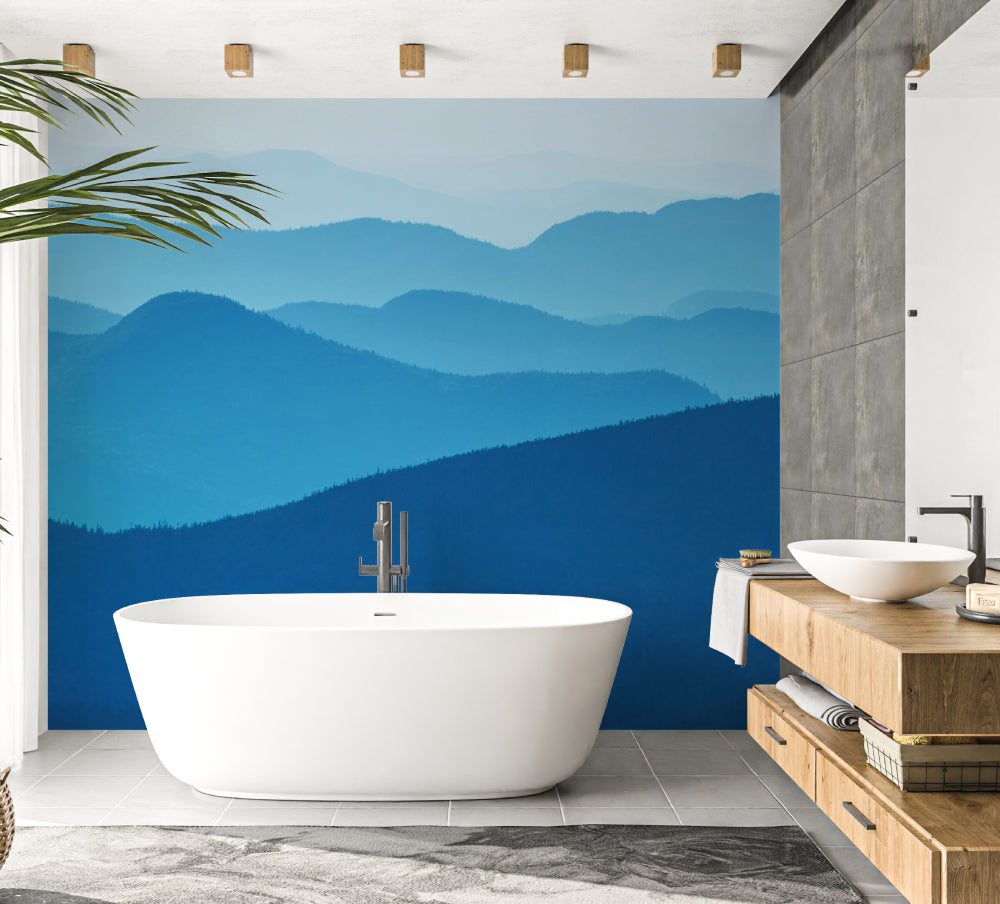 Blue gradient mountain wallpaper in dining room with natural light