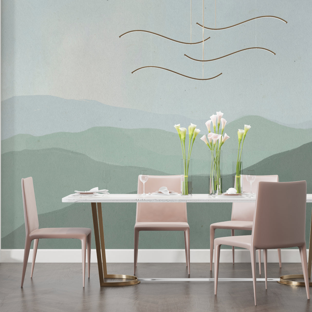 Green mountain mural in minimalist bedroom showing peaceful atmosphere