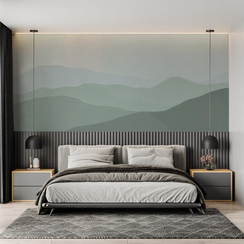 Serene mountain wallpaper installation in home office with wooden desk