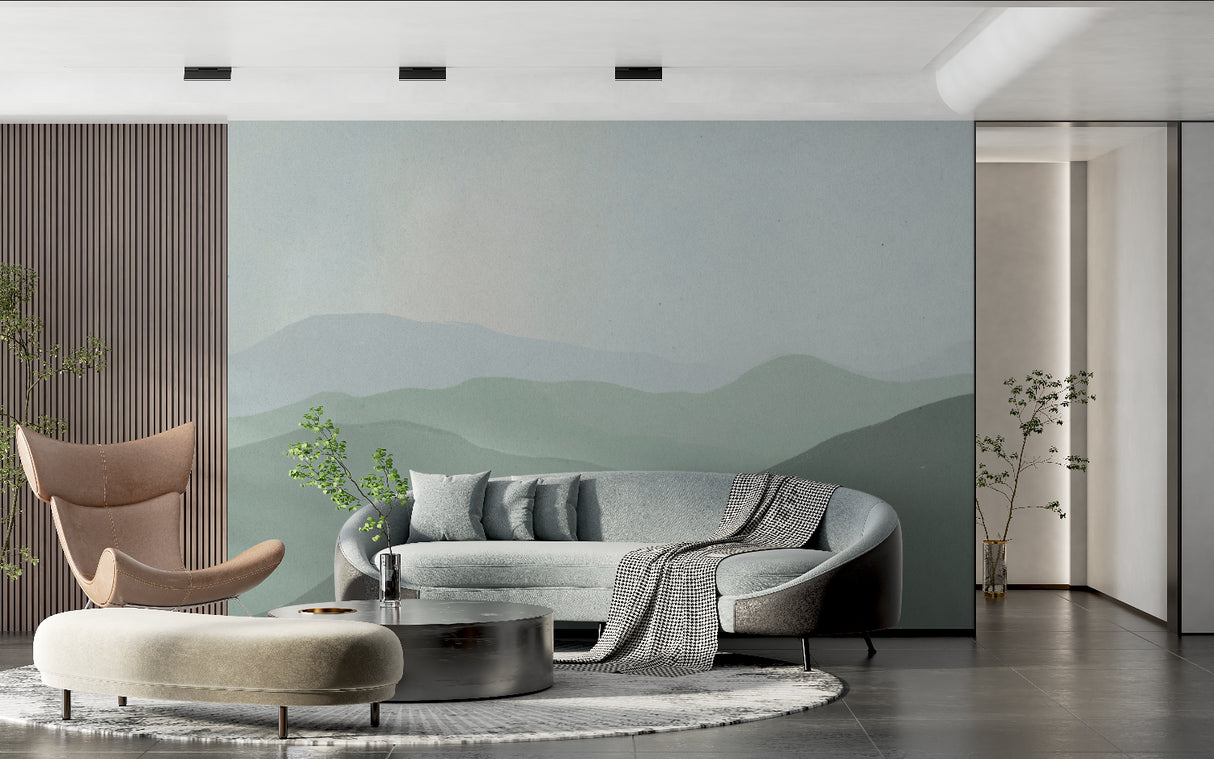 Mountain wall mural creating focal point in dining room with natural decor