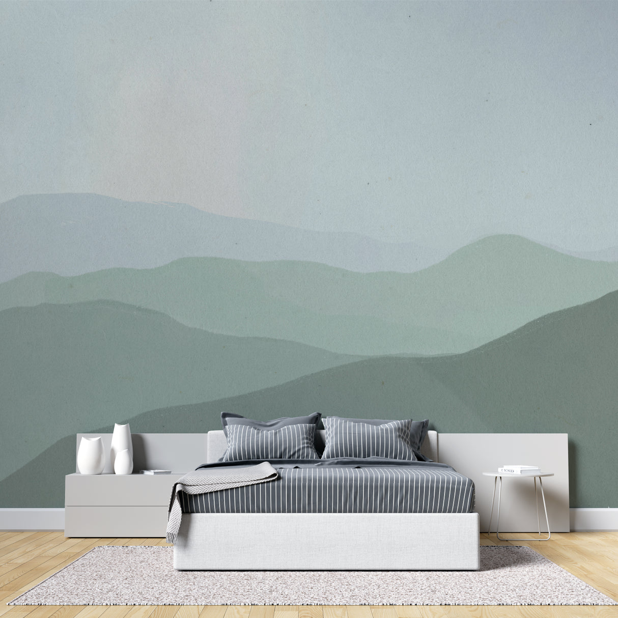 Green landscape wallpaper in meditation room showing scale and depth