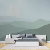Green landscape wallpaper in meditation room showing scale and depth