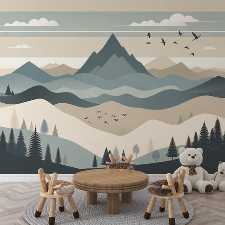 Mountain landscape wallpaper creating a peaceful atmosphere in a modern living room with minimalist furniture