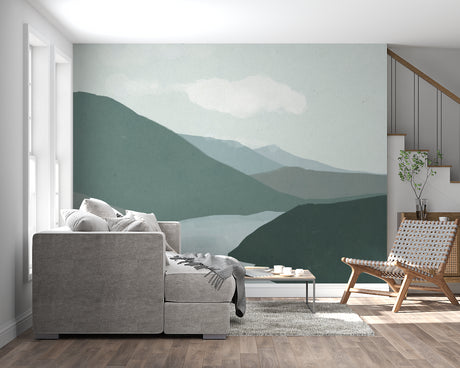 Mountain landscape wallpaper creating depth in modern living room with minimal furniture