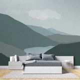 Nordic mountain mural wallpaper in cozy bedroom setting with natural light