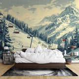 Mountain landscape wallpaper creating depth in modern living room with grey sofa and natural light