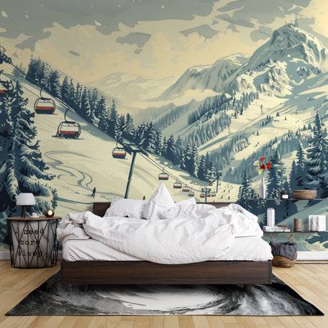 Mountain landscape wallpaper creating depth in modern living room with grey sofa and natural light