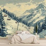 Ski resort wallpaper making statement in master bedroom with minimal furniture