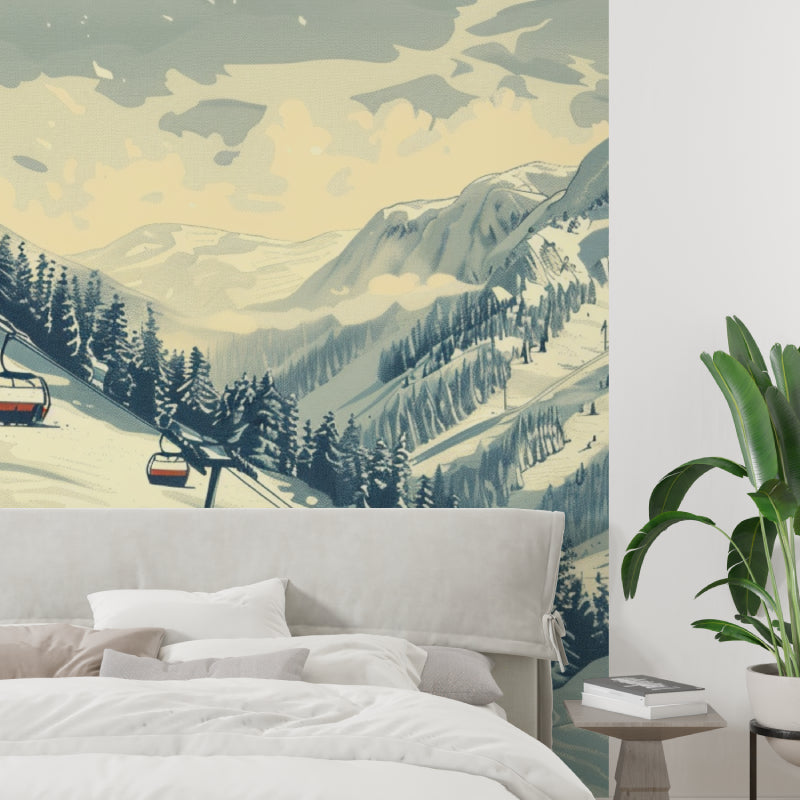 Winter mountain mural transforming hotel lobby with elegant seating area