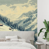 Winter mountain mural transforming hotel lobby with elegant seating area