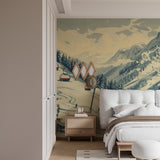 Alpine landscape wallpaper enhancing dining room with panoramic mountain views