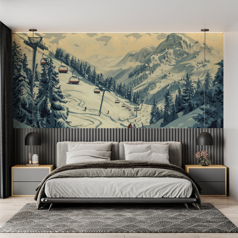 Mountain vista wallpaper creating cozy atmosphere in reading nook corner