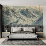 Mountain wall mural creating calm atmosphere in dining room space