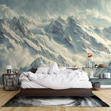 Snowy mountain wallpaper adding depth to modern living space