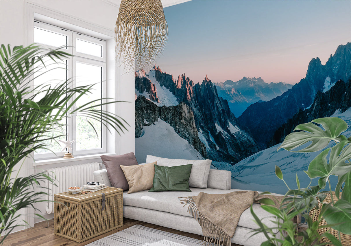 Snowy Alps sunset mural in minimalist bedroom creating peaceful atmosphere