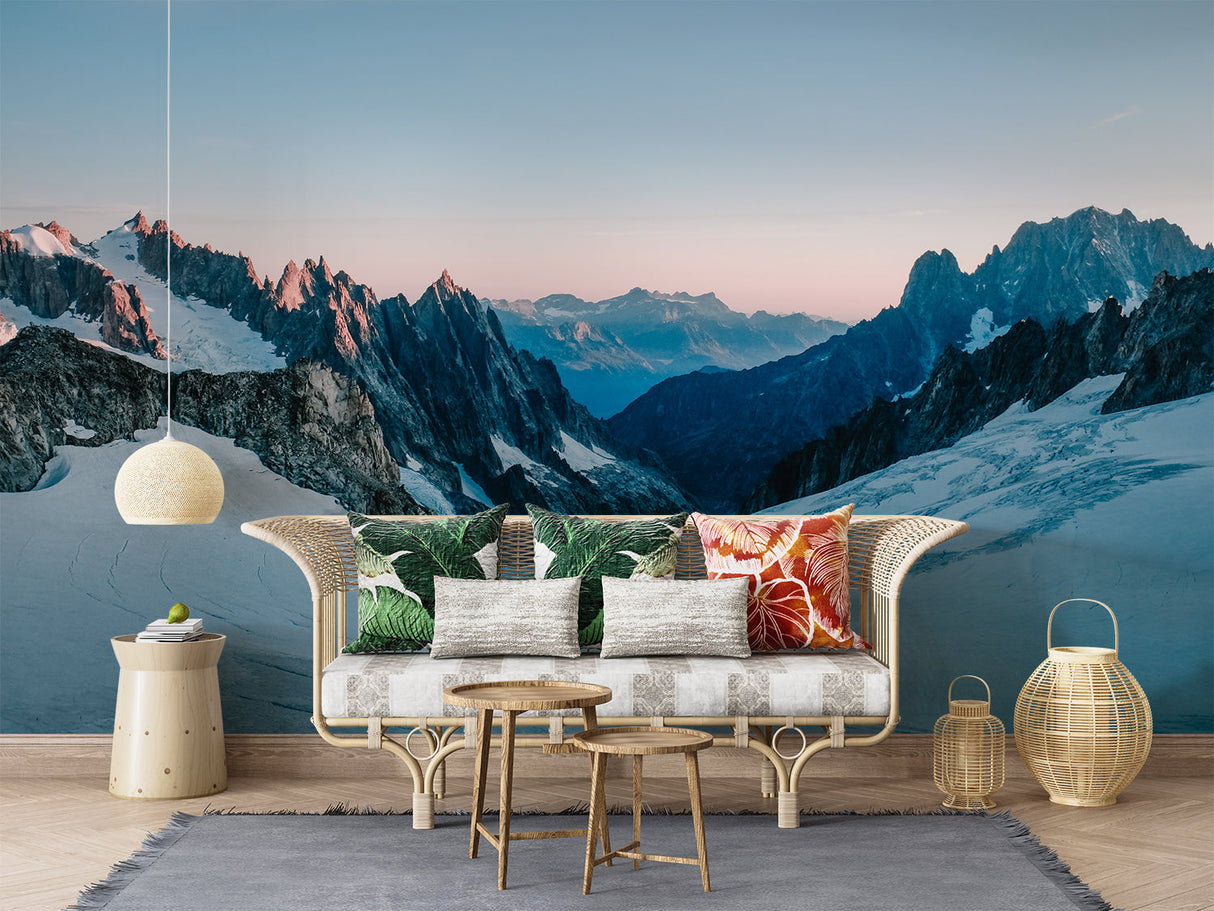 Mountain peak wallpaper in home office with wooden desk and natural decor