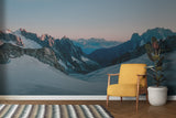 Panoramic mountain wallpaper in hotel lobby with modern furniture