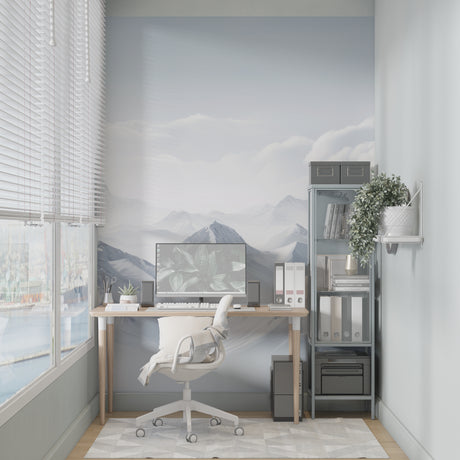 Mountain wall mural in modern living room showing scale of snowy peaks design