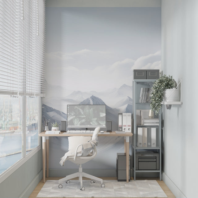 Mountain wall mural in modern living room showing scale of snowy peaks design